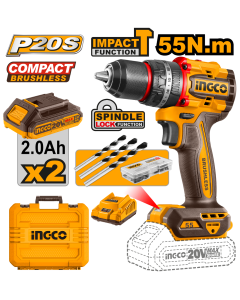 Ingco Taladro percutor inalámbrico sin escobillas 20V 55Nm CIDLI20558E