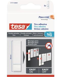 Tesa Tiras adhesivas doble cara para yeso y pared pintada Soporte carga 1 kg Paq 6 Unid Blanco