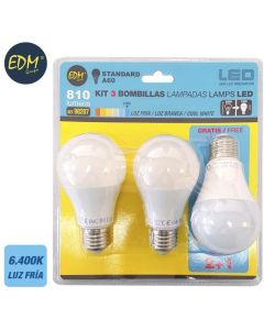 Kit 3 bombillas Standard led E27 10W 8100 Lm 6400k Luz fría EDM